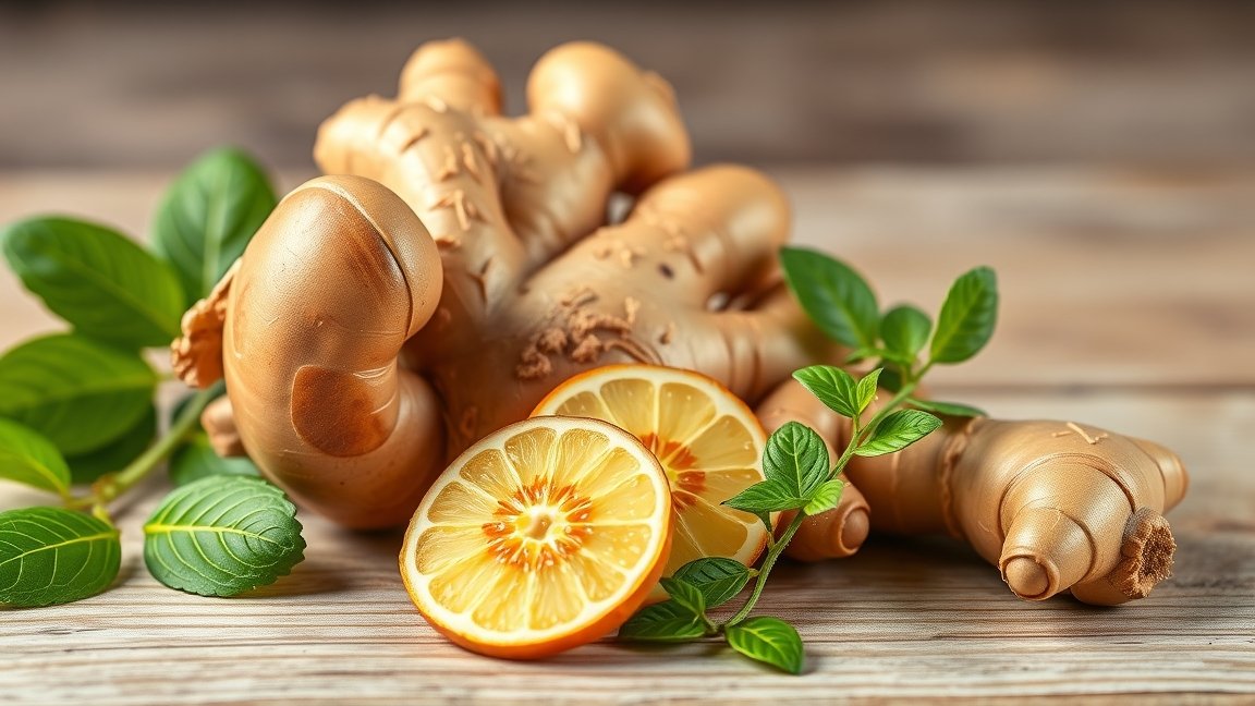 Friss gyömbér és citrom szeletek zöld levelekkel.