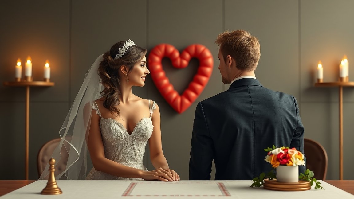 Házassági szertartás gyönyörű pár a jegyesek asztalánál.