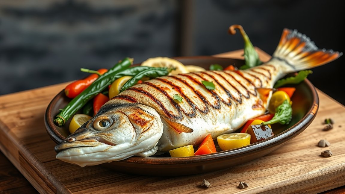 Grillezett hekk friss zöldségekkel és citrommal tálalva.