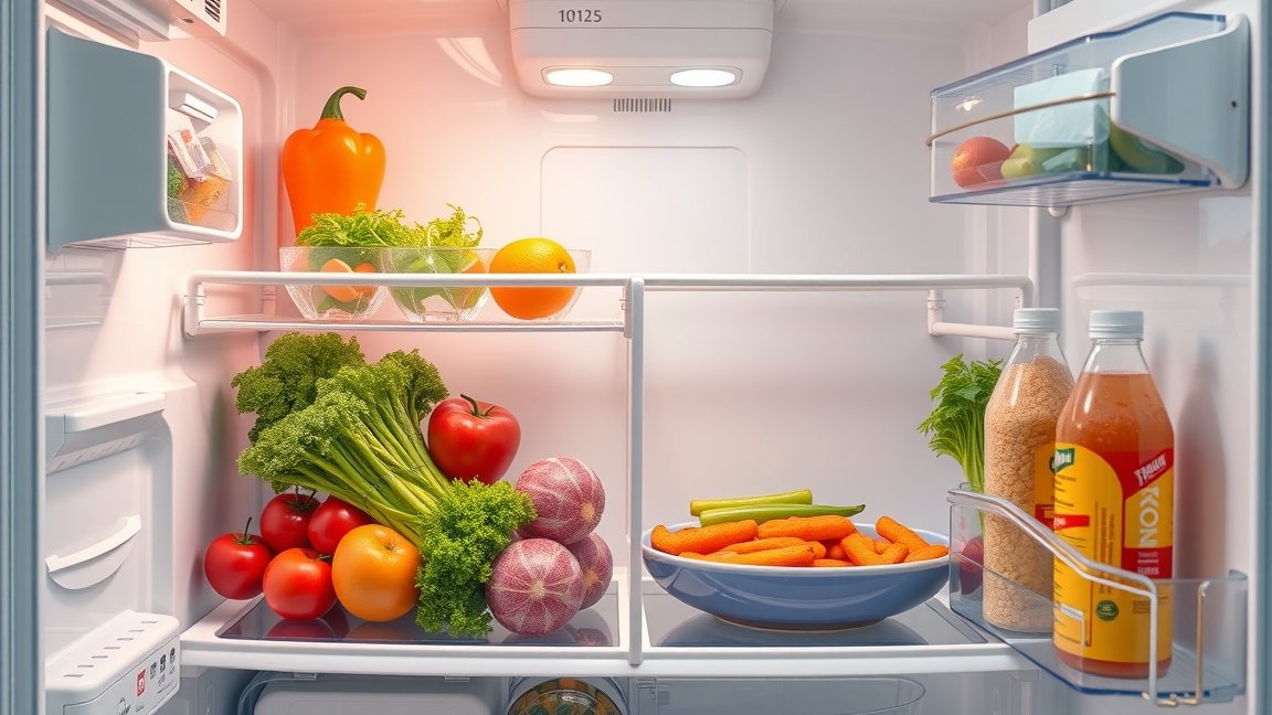 Friss zöldségek és gyümölcsök hűtőszekrényben, egészséges tárolás.