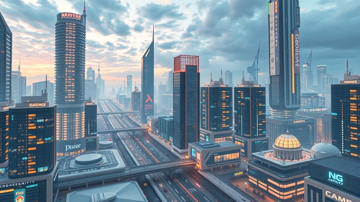 Modern város látképe futurisztikus épületekkel és forgalmas autópályával.