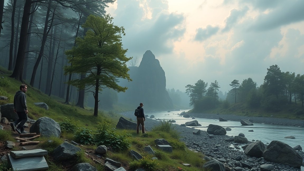 Közelkép a természet szépségéről, csendes folyóparttal és hatalmas sziklákkal.