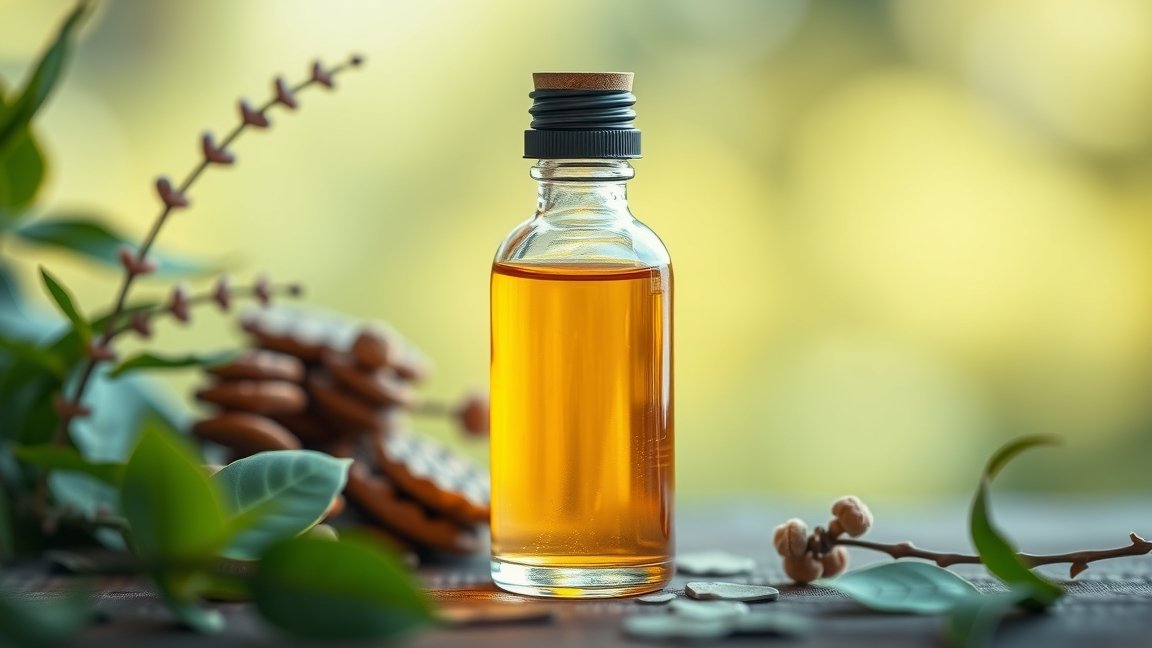 Kámfor illóolaj üvegpalack, zöld növények között