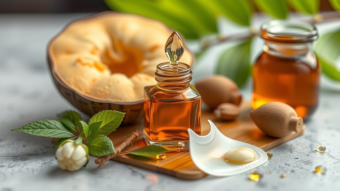 Kaporolaj üveg, növények és természetes összetevők a háttérben.