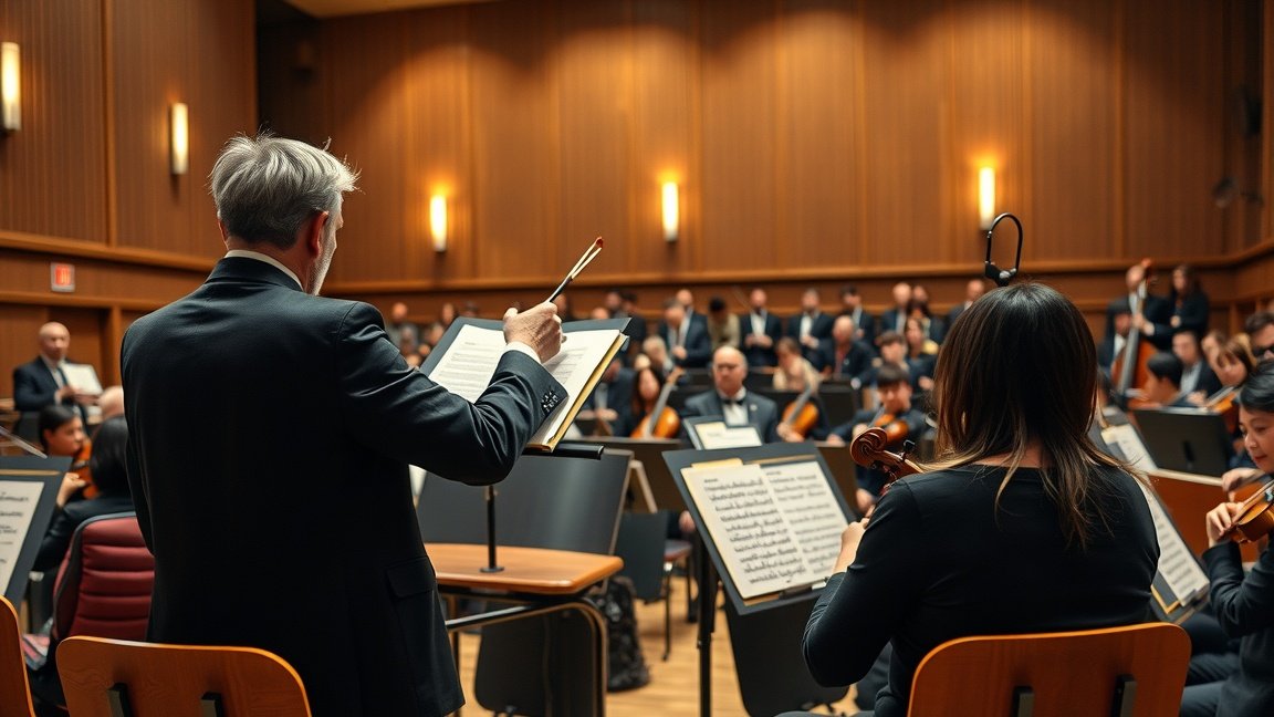 Karmester vezeti a zenekart próbafolyatban.