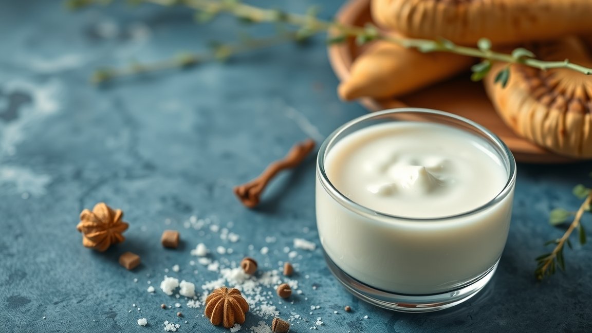 Kaukázusi kefir pohár friss ételekkel és fűszerekkel