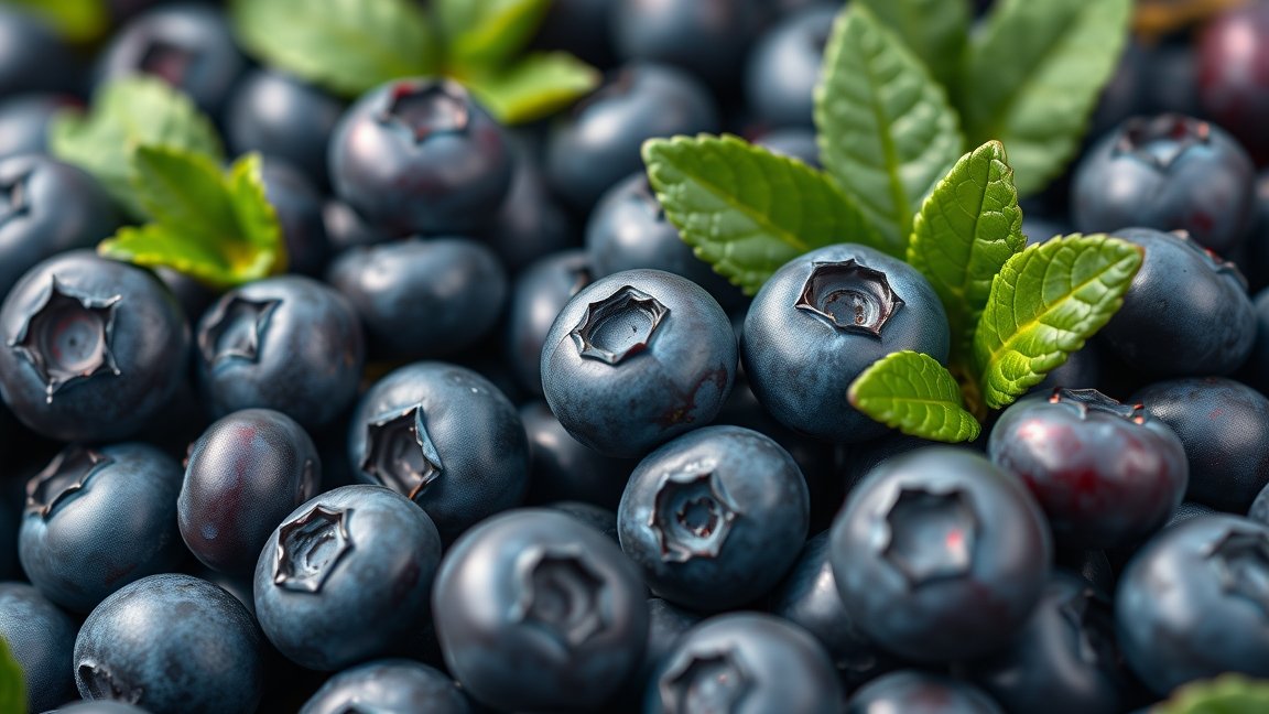 Friss kék áfonyák anyagokkal, zöld levelekkel díszítve.