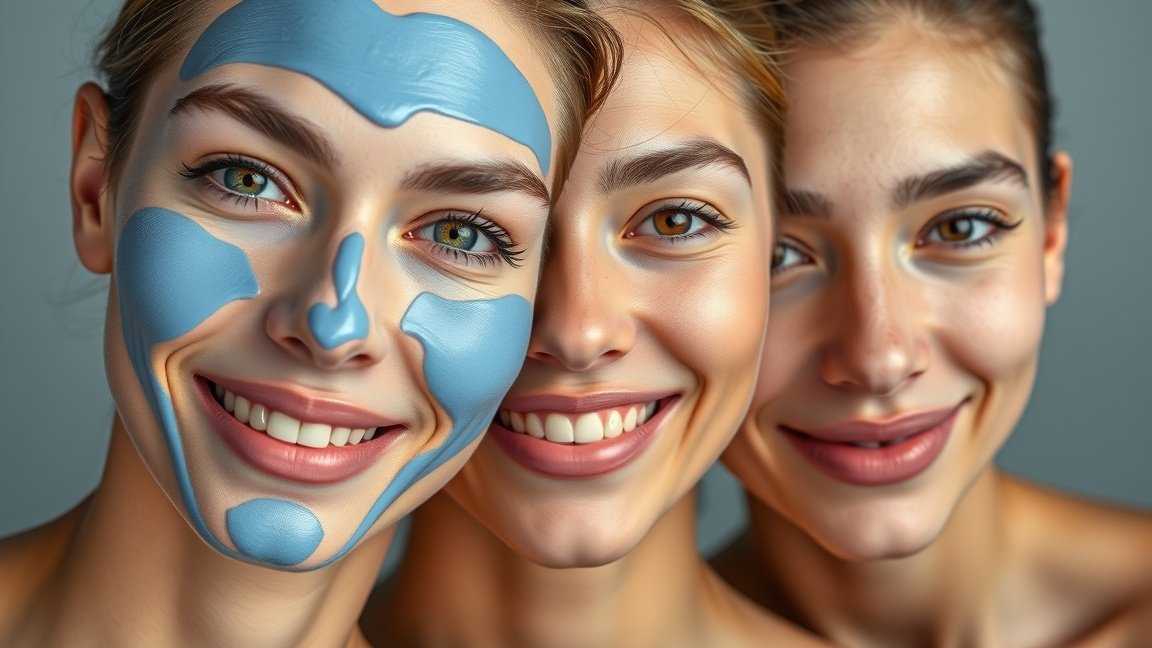 Három fiatal nő kék krémmel az arcukon, mosolyognak.