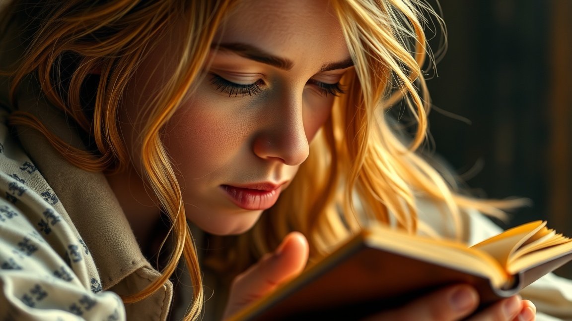 Egy fiatal nő mélyen olvas egy könyvet, kifejezve a gondolatok mélységét.