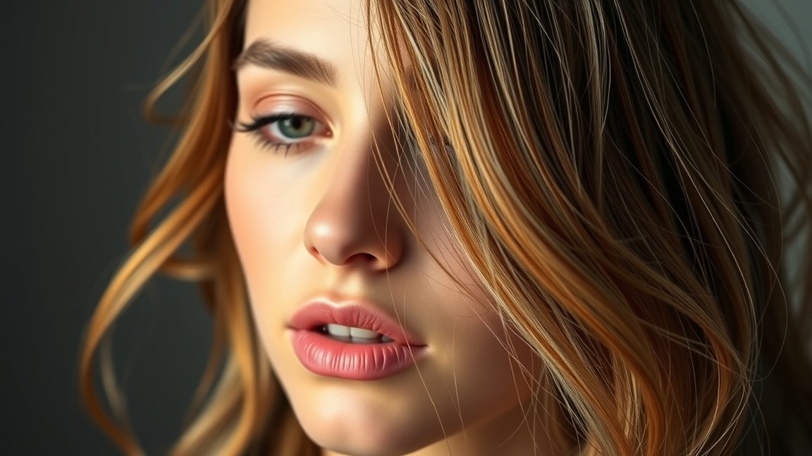 Gyönyörű női arc keratinnal ápolt hajjal és bőrrel.