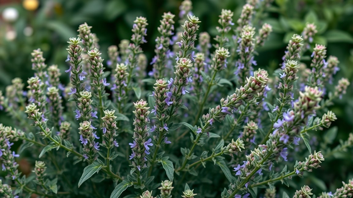 Kerti kakukkfű virágzó növény a kertben, egészségügyi előnyökkel.