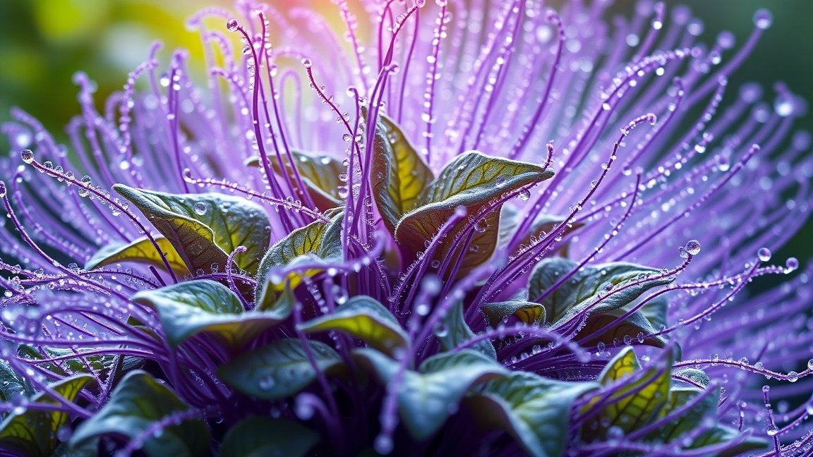 Klorofillal dús növény, vízcseppekkel, élénk színekben.