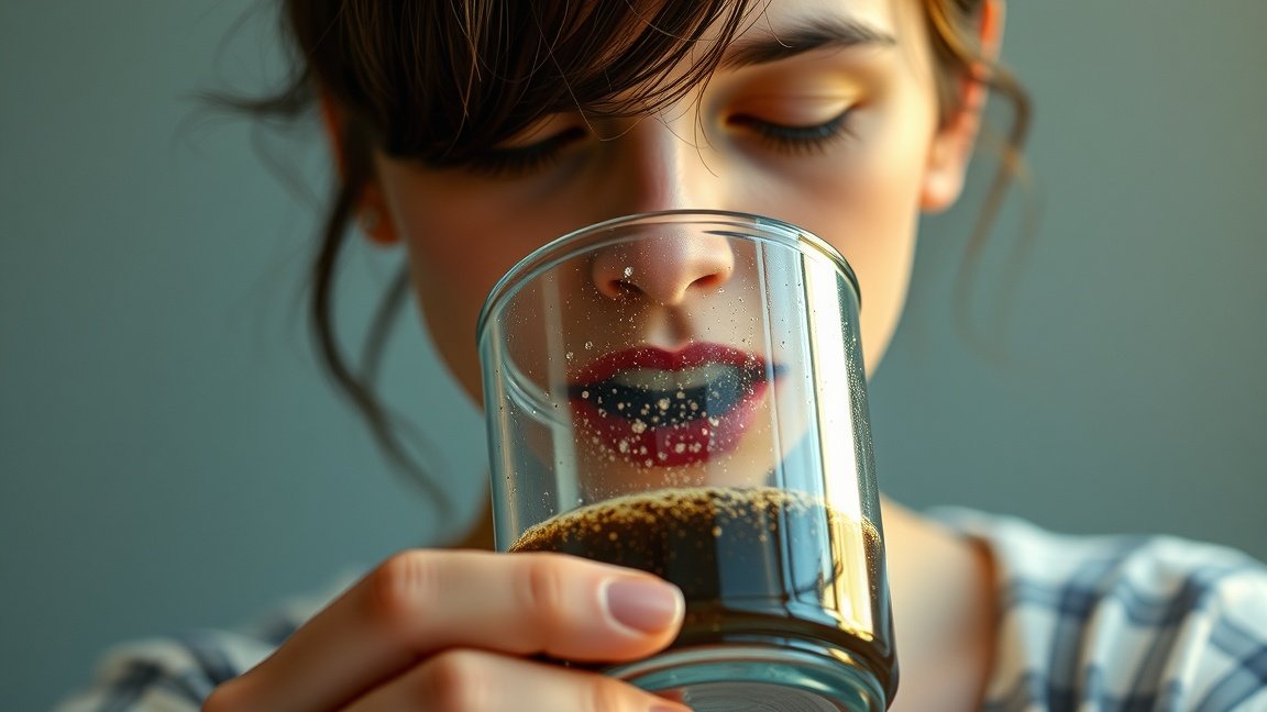 Egy nő kávét iszik, szem előtt a koffein hatásai.