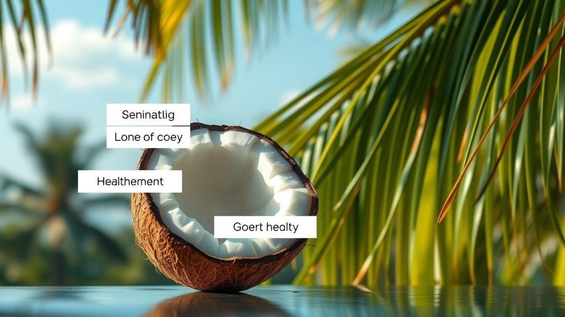 Félbevágott kókuszdió trópusi környezetben, frissítő ízekkel.