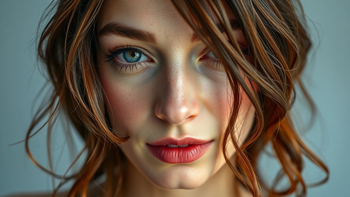 Ragyogó bőr, kék szemek és hullámos haj közelről.