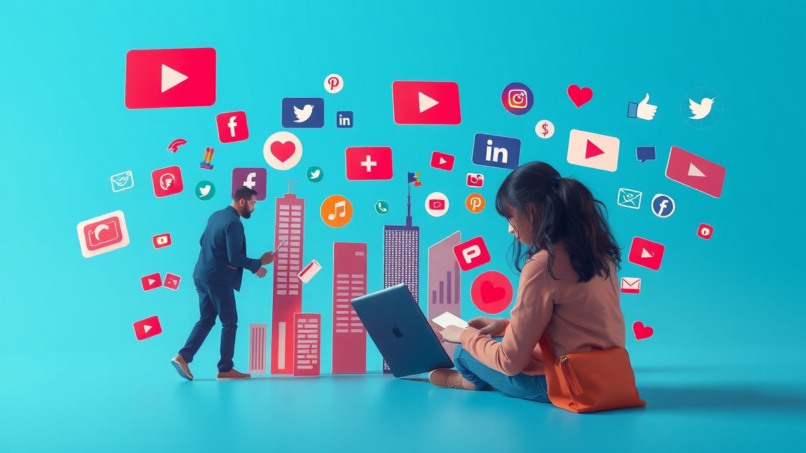 Közösségi média ikonok és digitális kapcsolatok illusztrációja.