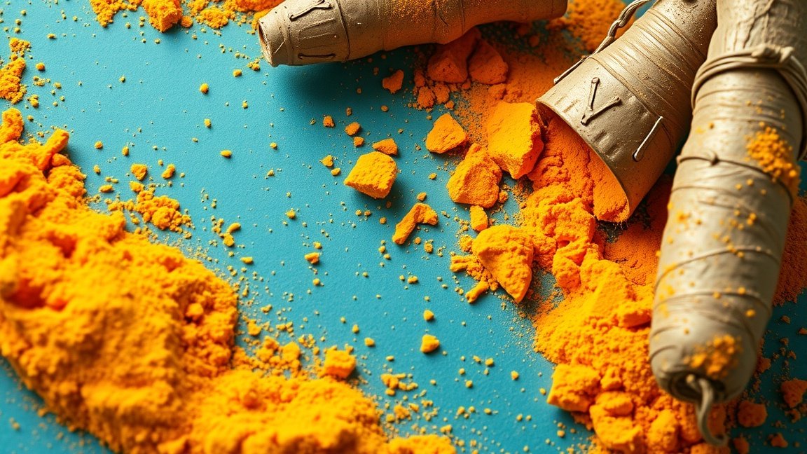 Kurkuma por és fűszer a kék háttéren, egészségmegőrzéshez.