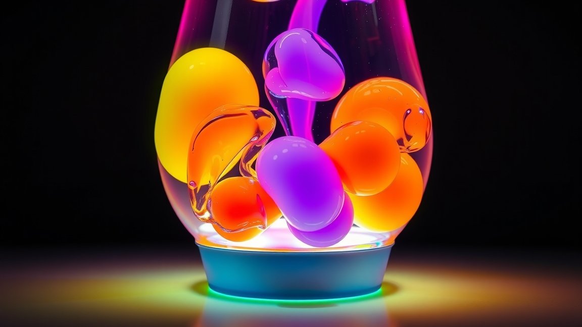 Színes lávalámpa, amelyben folyadék és viasz lebeg színes fényben.