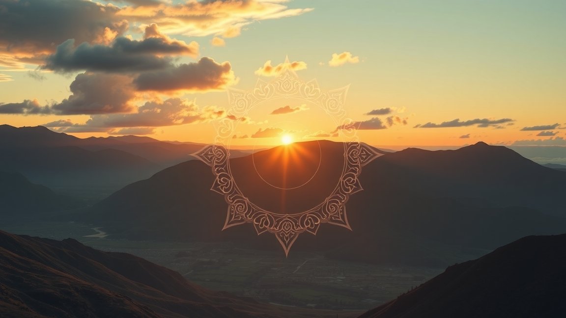 Napsütés a hegyek felett és mandala mintázat