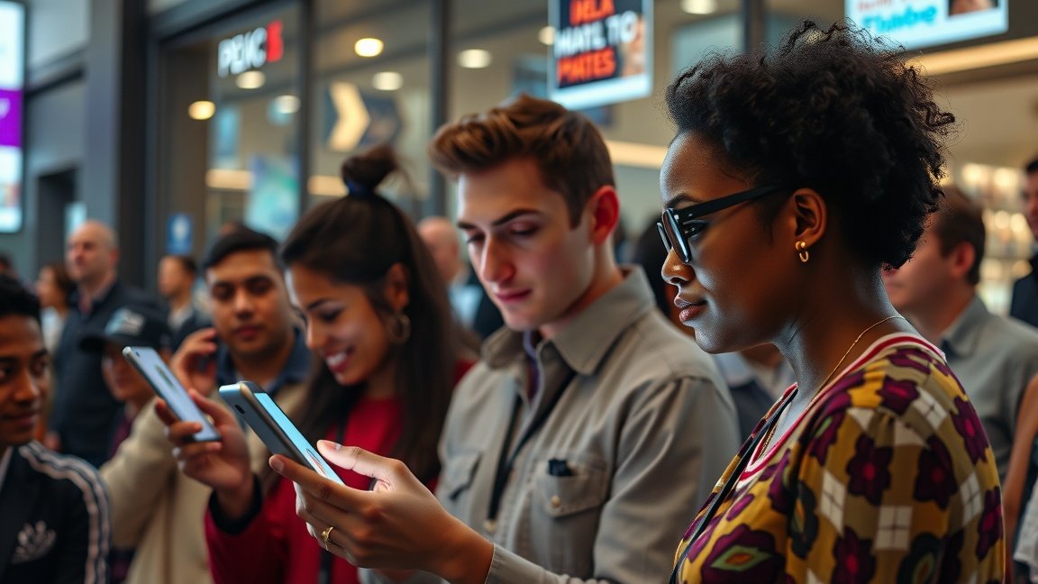 Fiatalok a médiával és a technológiával, okostelefont használva középen.