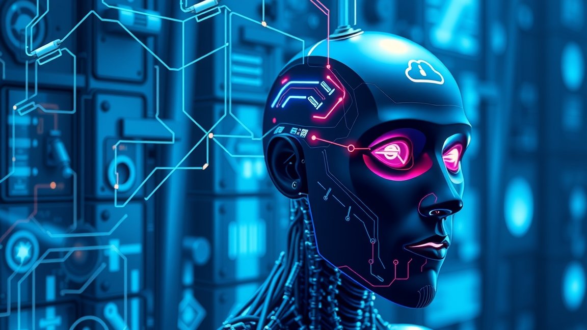 Mesterséges intelligencia arca kék háttérrel és áramkörökkel.