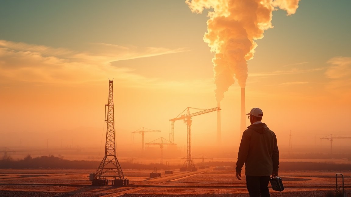 Ember néz a szennyező ipar közelében, metángáz hatásaira utalva.