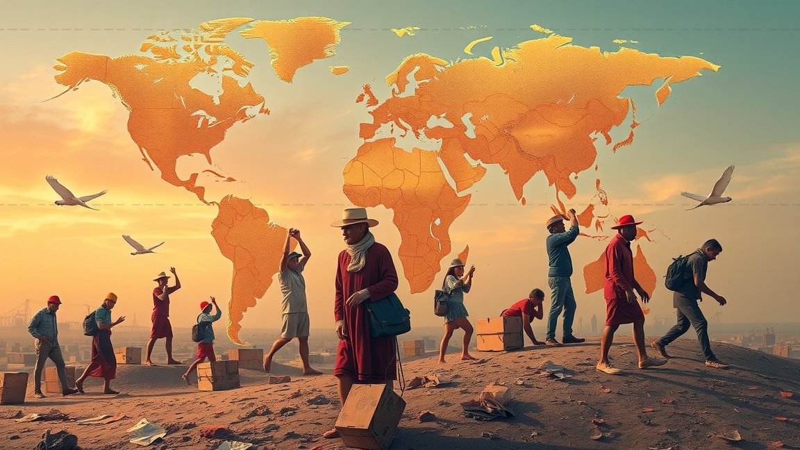 Migrációs hatások az egész világon, társadalmi és kulturális aspektusokkal.