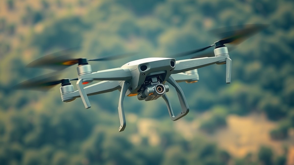 Modern drón repülés közben, fejlett kamerával és rotorokkal.