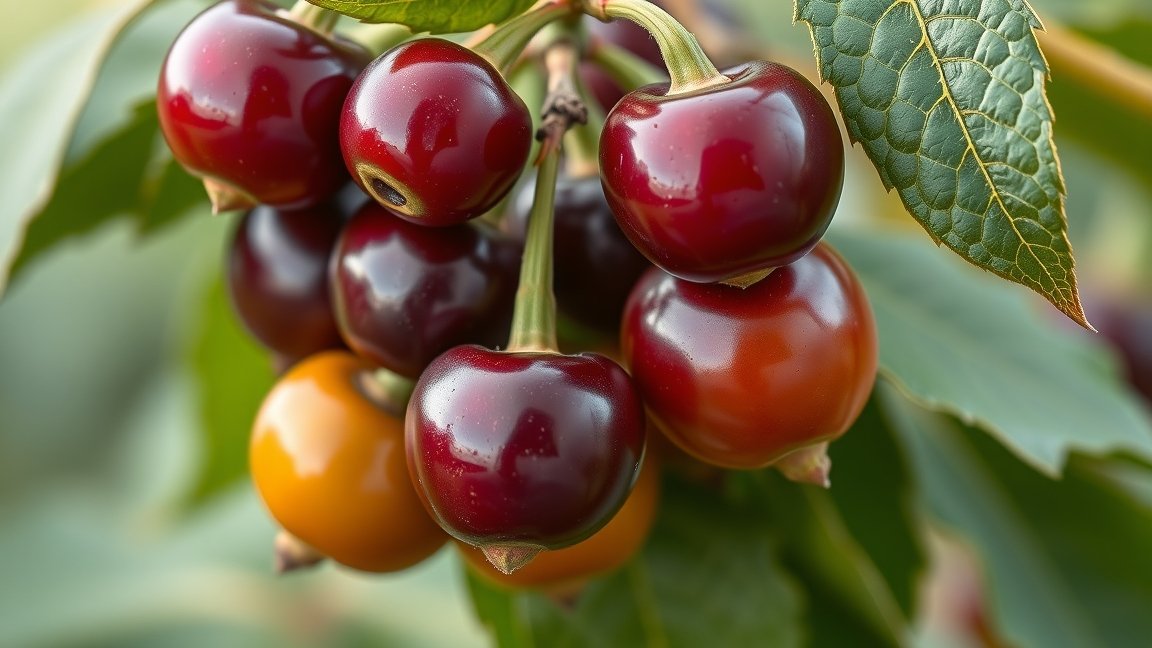 Perui földicseresznye gyümölcsök a fán, friss zöld levelek között.