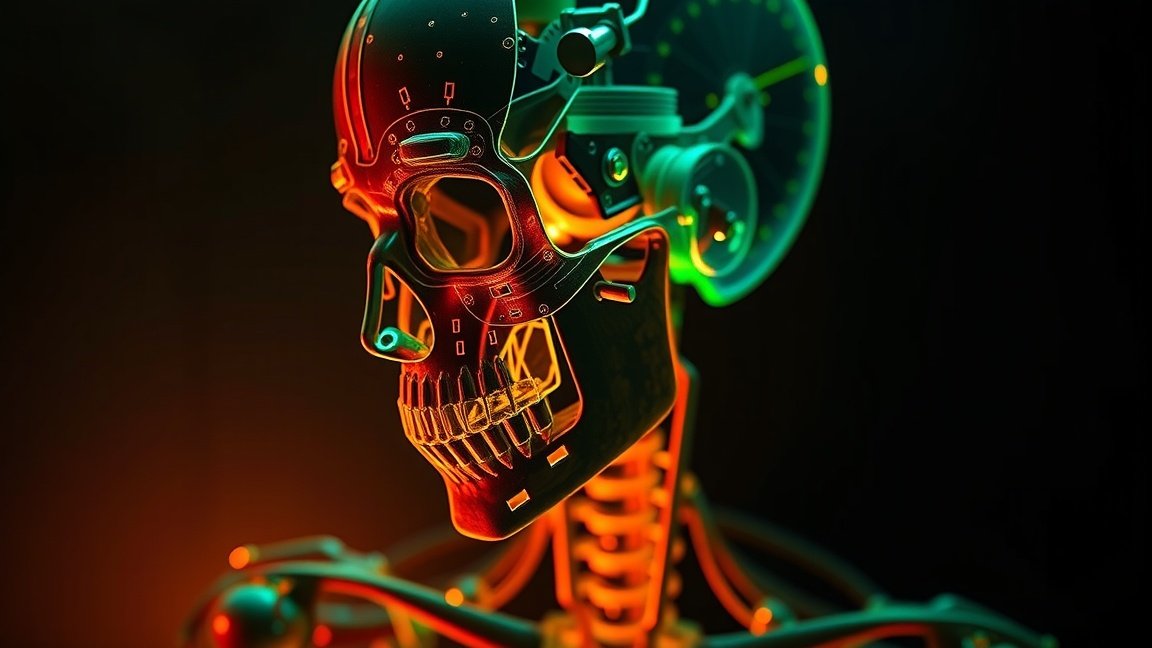 Fényes, futurisztikus koponyaszerkezet, mechanikai elemekkel