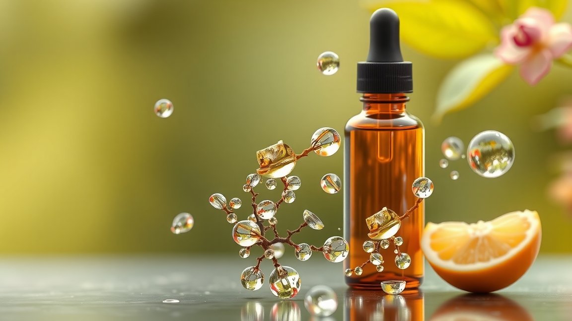 Üveg cseppentő narancs háttér előtt, a Renol csepphez kapcsolódó cseppfolyós elemekkel.