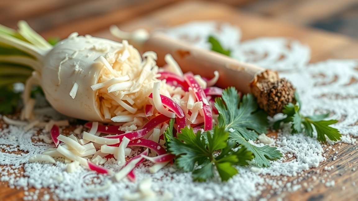 Reszelt torma és friss zöldfűszerek egy asztalon