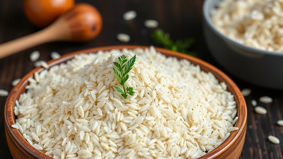 Friss rizsliszt egy fából készült tálban, zöld fűszernövénnyel díszítve.