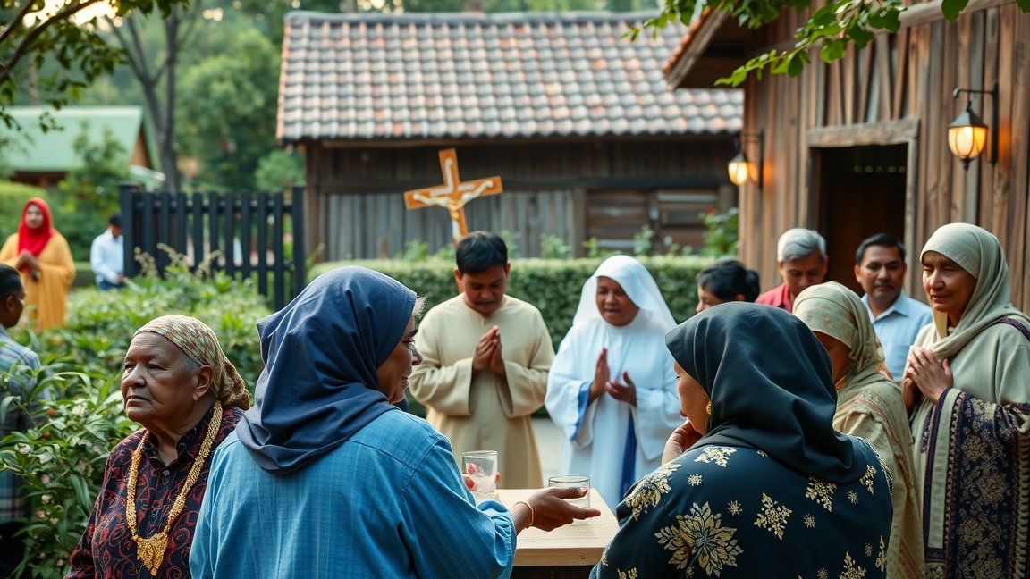 Helyi közösség rózsafüzér imán, szertartás közben
