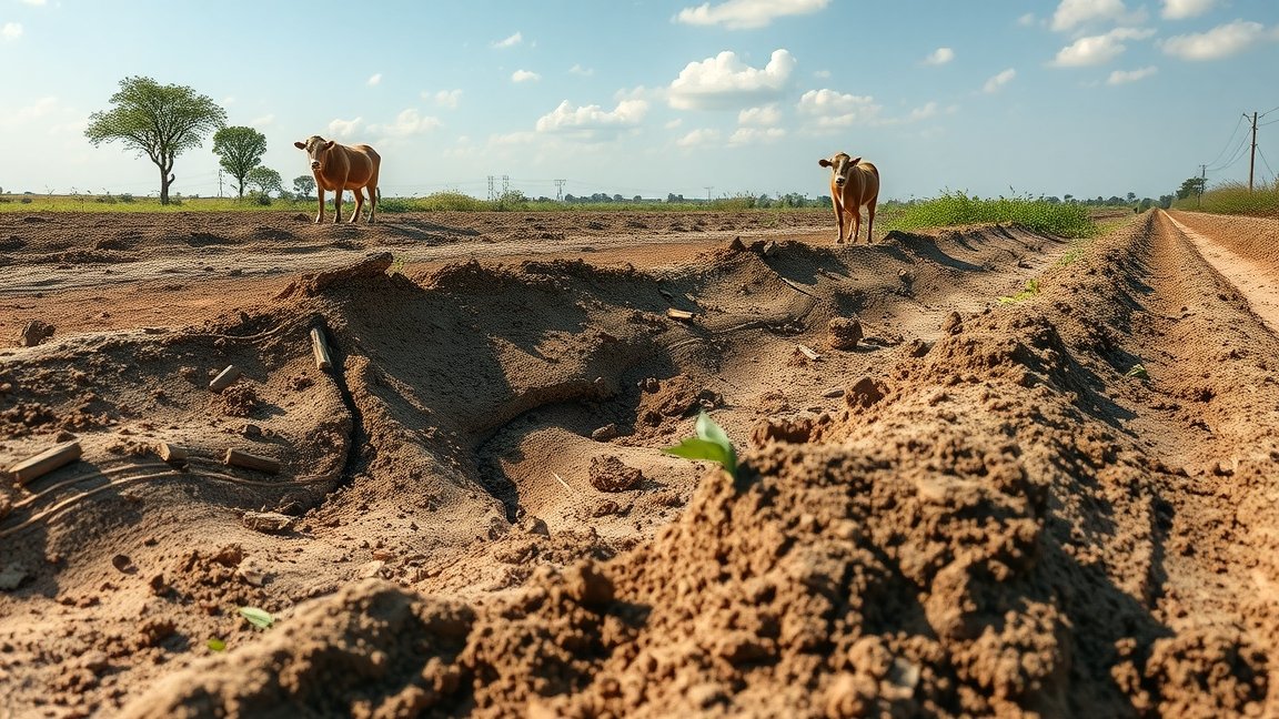 Két tehén a szántásra előkészített földön, környezeti hatások.