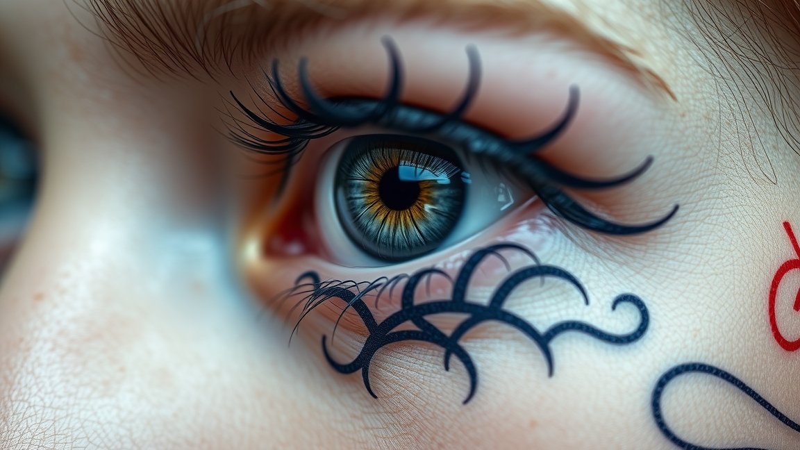 Szemtetoválás részletes közeli felvétele, különleges mintázatú vonalakkal.