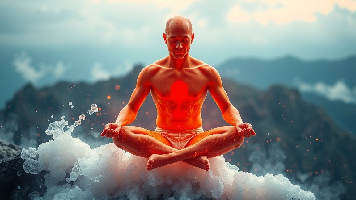 Meditáló férfi szénsavas ital környezetében, egészség és wellness témában.