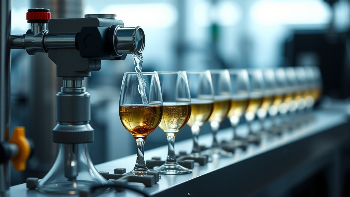 Szeszfokoló mérőeszköz italgyártás során, poharak sorával.