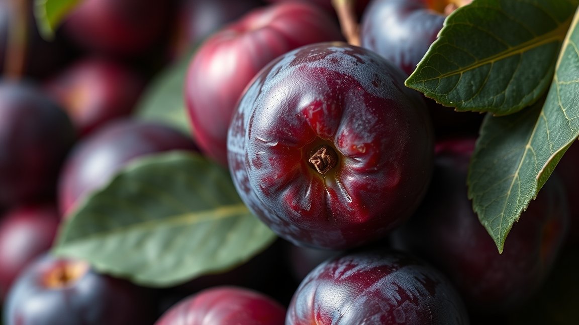 Friss szilvák levelekkel, tápláló gyümölcs a bőr egészségéért.