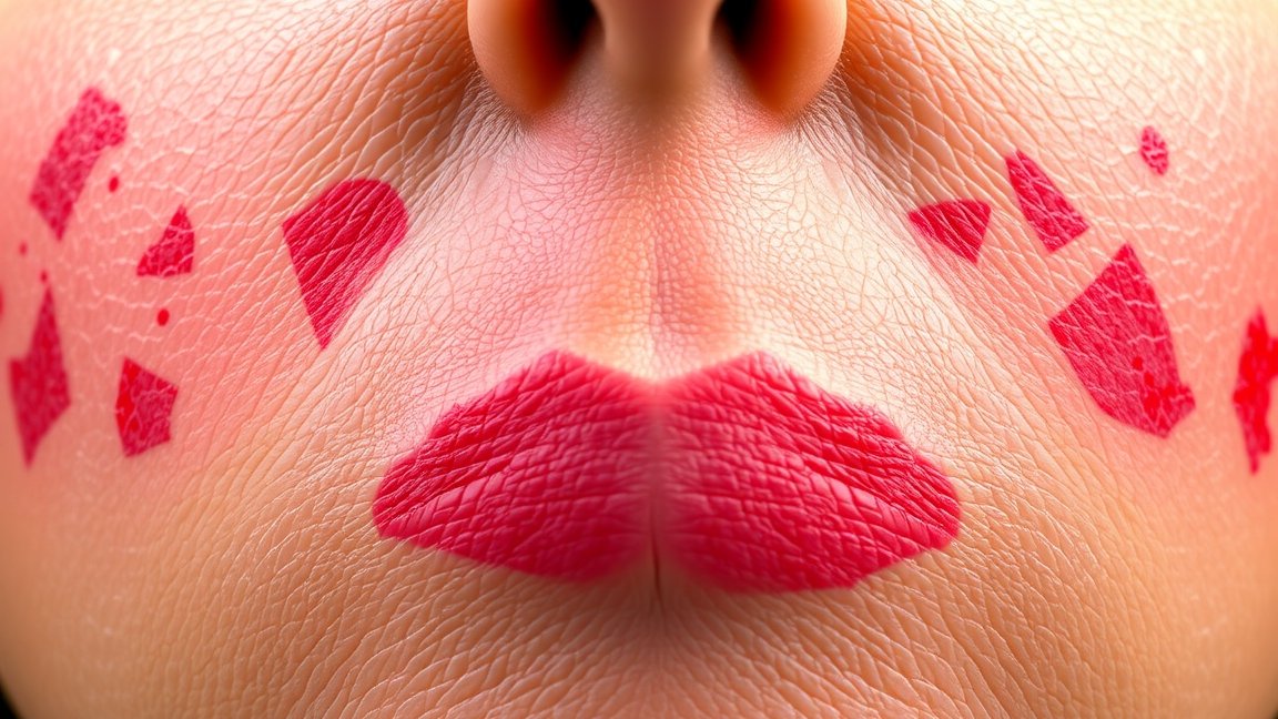 Vörös rúzsnyomok egy bőrön, hegekkel és pigmentációval.