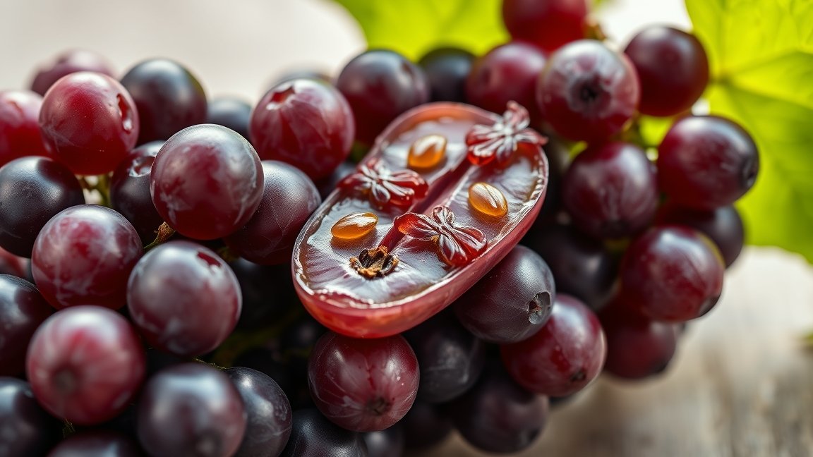 Szőlőmagok és szőlő fürtök, egészséges táplálkozás alapanyagai.