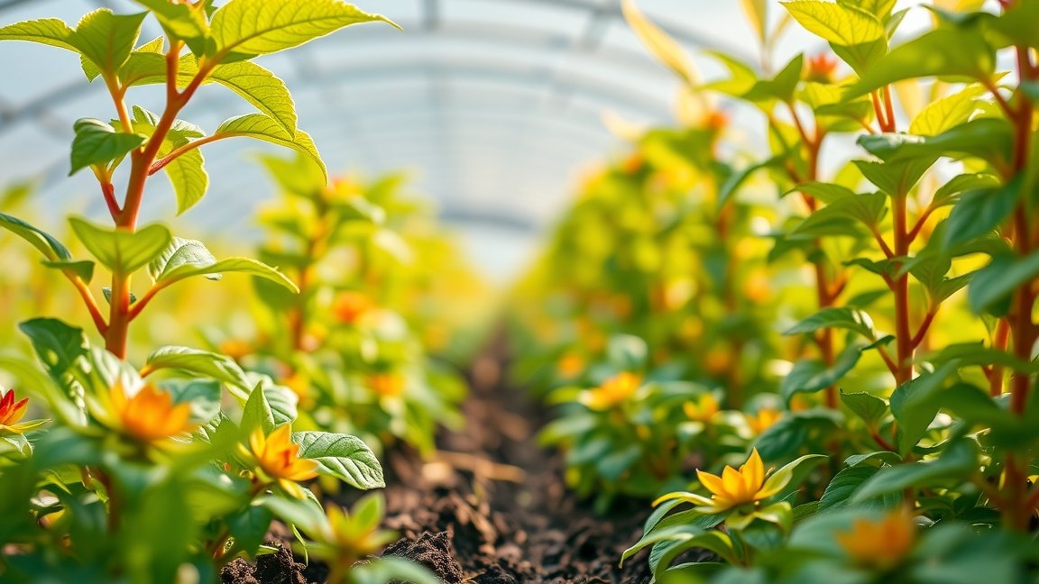 Friss növények egy modern üvegházban, a teperin hatásával.