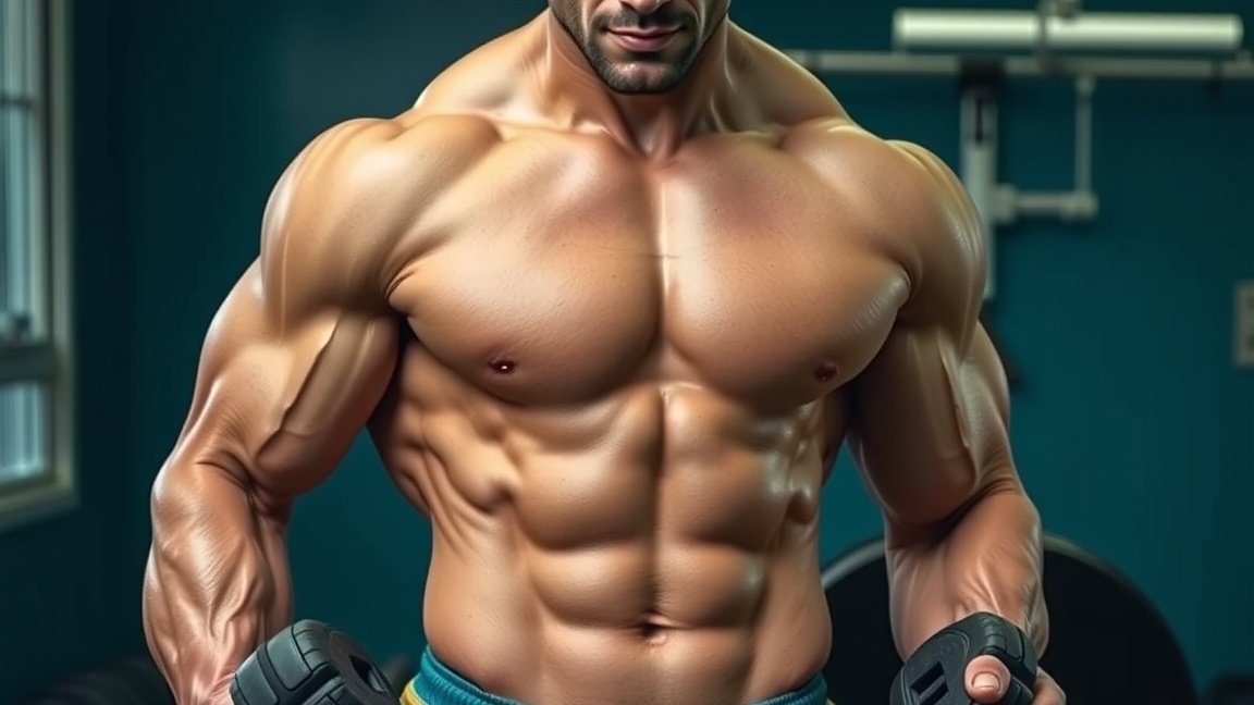 Férfi testépítő edzés közben, hangsúlyozott izomtömeggel