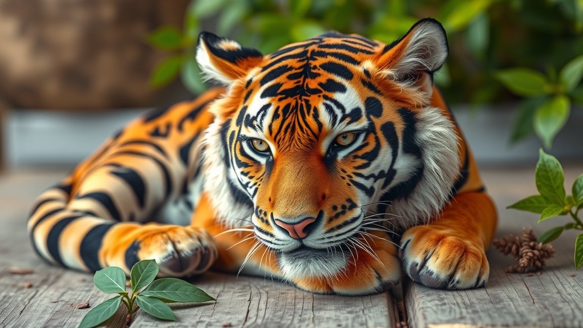 Békés tigris pihen egy fás környezetben, természetes környezetben.