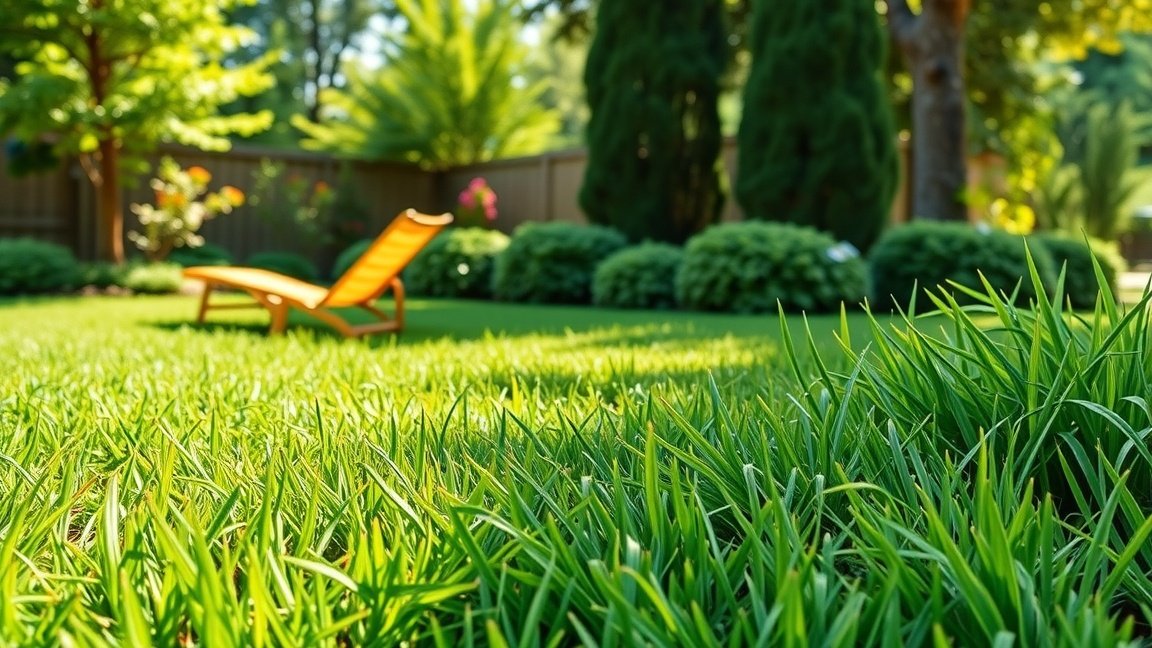 Tökéletes zöld pázsit napos kertben egy narancssárga napernyővel.