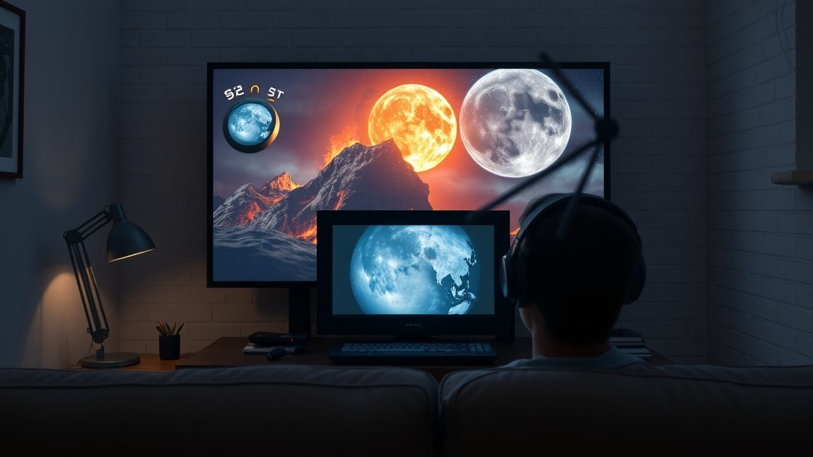 Fiatal férfi tévézés közben, űr témájú képekkel a képernyőn.