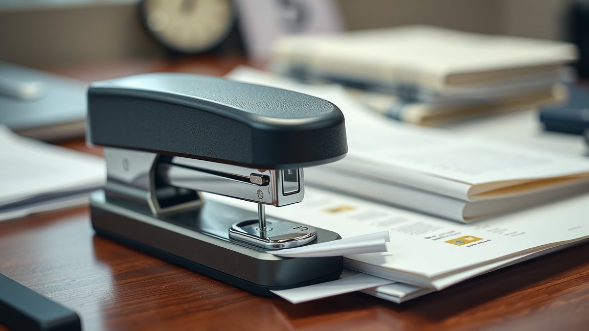 Tűzőgép működés közben papírok rögzítése az irodában