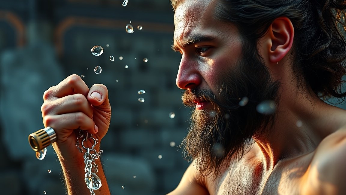 Férfi harcos, aki a víz cseppjeit figyeli, vitalitás és energia ötvözete.