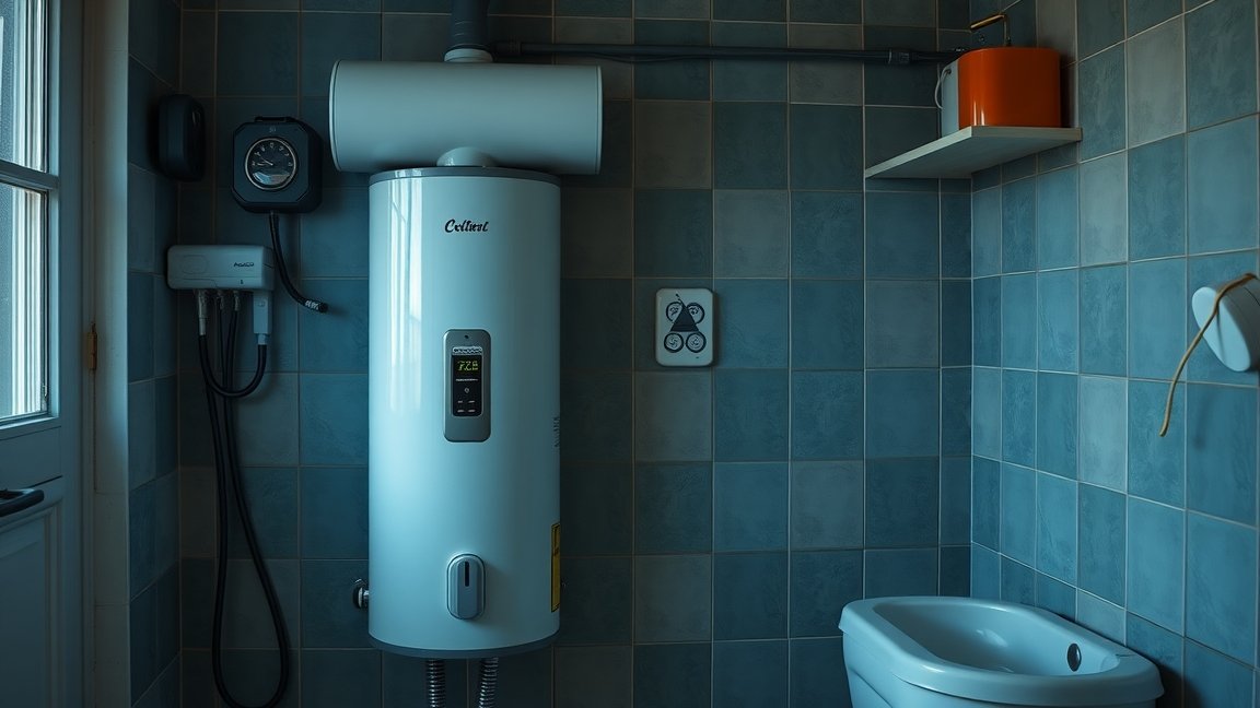 Modern villanybojler a fürdőszobában, míg a hőmérséklet kijelzője látható.