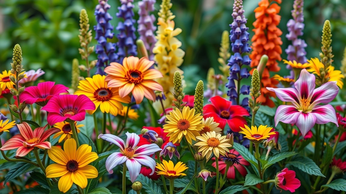 Színes virágok a kertben, amelyek támogatják a biodiverzitást.